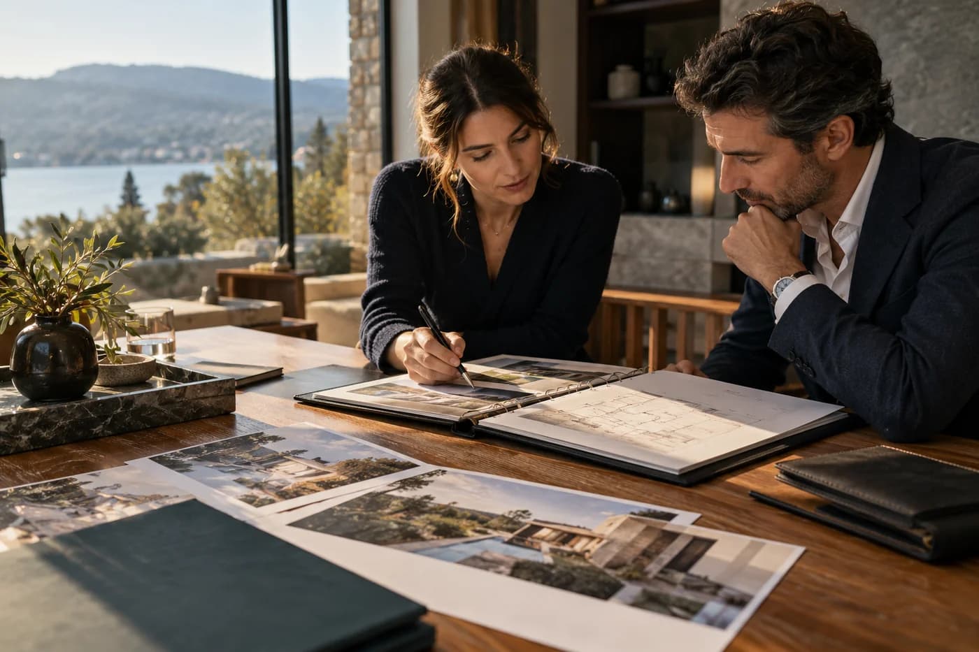 AI-generated illustration: Two property colleagues reviewing a shared project binder and property photographs