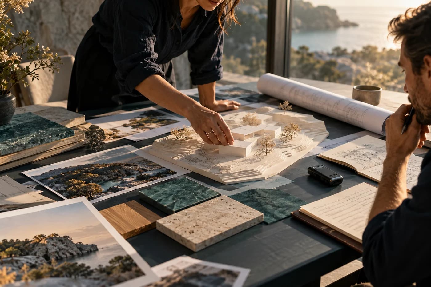 AI-generated illustration: A project team arranging photographs, a drawing, voice recorder and architectural model